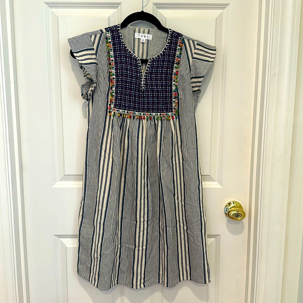 Adorable blue striped THML dress with embroidery and beading.  Size XS